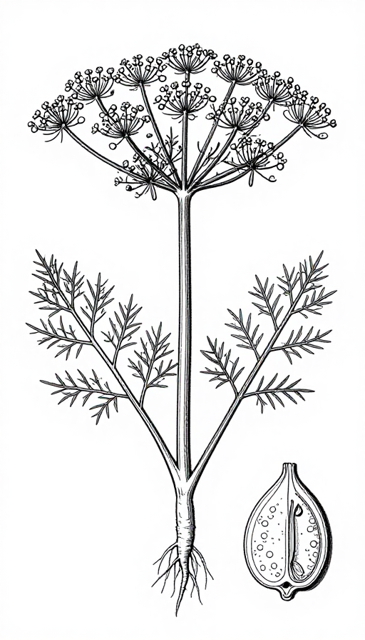 伞形科植物科学插图：高精度黑白线稿