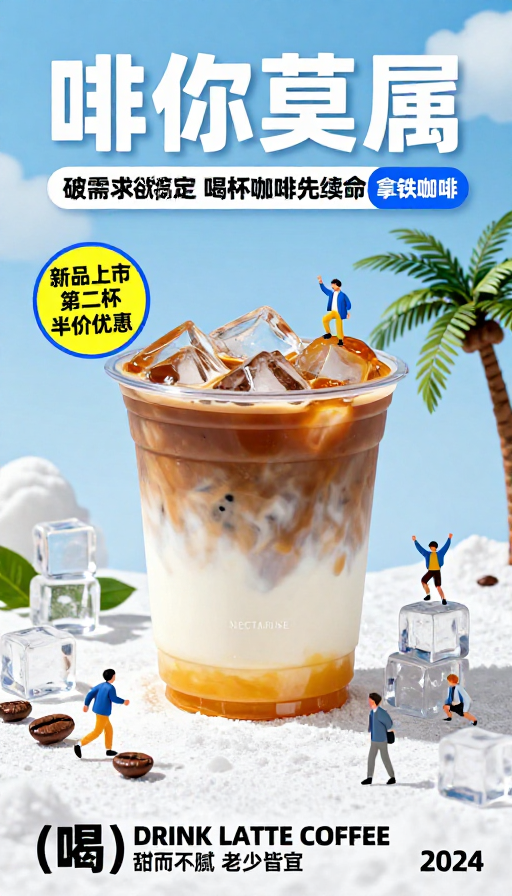 夏日超现实咖啡创意微缩插画海报