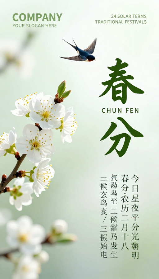 春分节气雅韵海报:白花燕影晨光轻拂