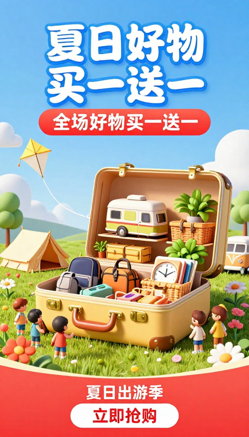 夏日浪漫：复古露营行李箱与治愈风景