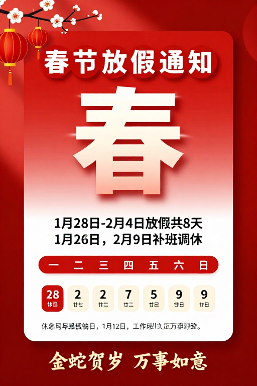 红白金中国风春节放假通知海报