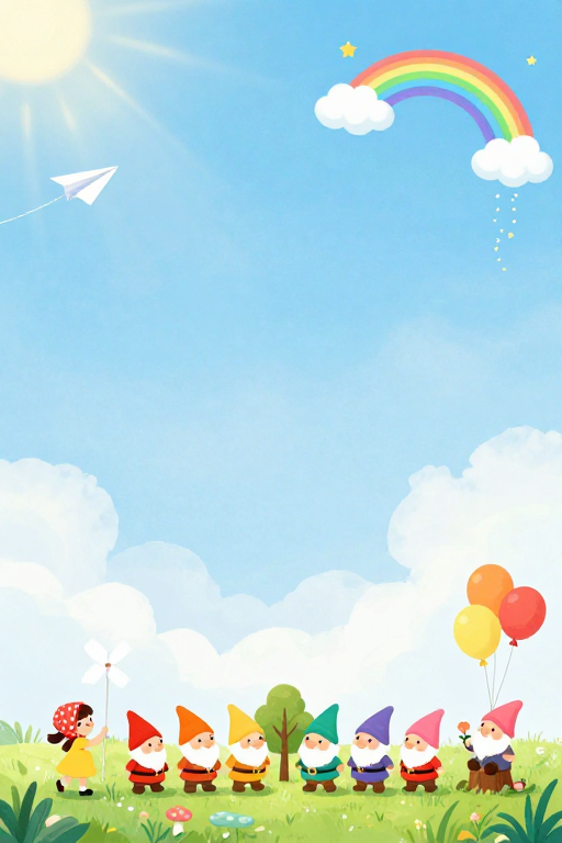 梦幻水彩童话背景:童趣天空与欢乐小矮人