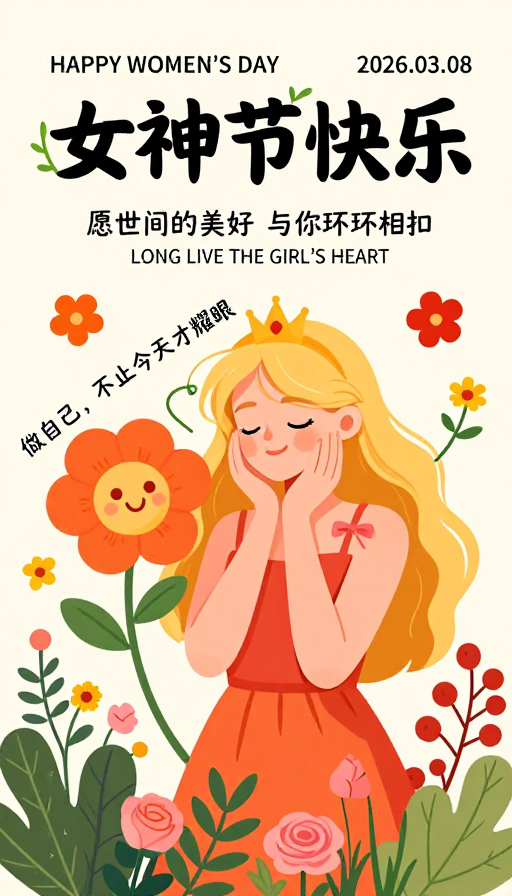 春日活力女神节插画海报,温暖明快女性力量主题