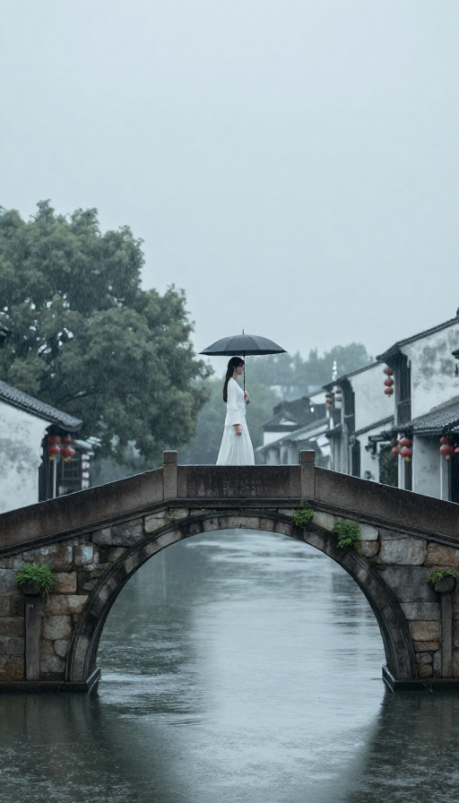 烟雨江南：撑伞过桥的女子背影