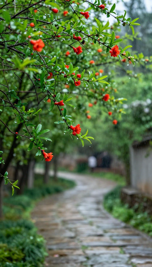 春雨润石榴，绿意满枝头