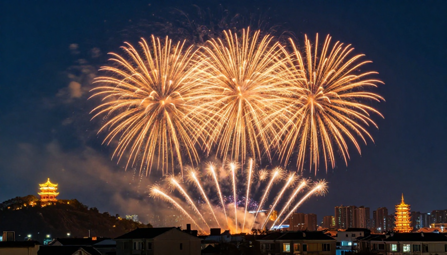 橙焰璀璨:城市夜空烟花盛宴