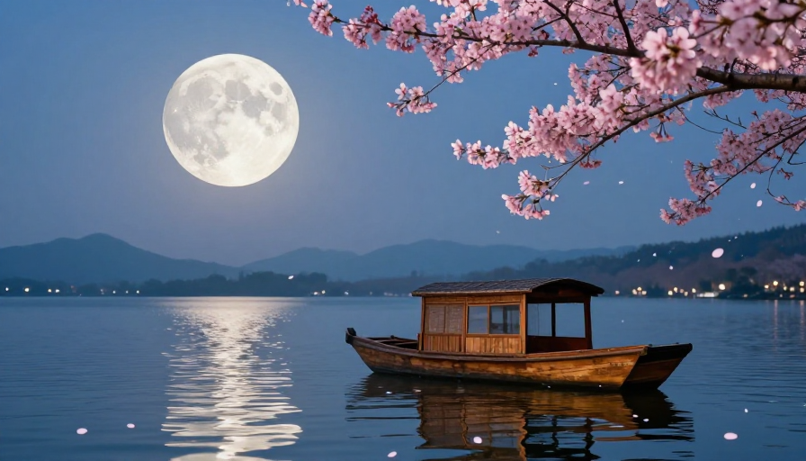 月映樱船：东方静谧夜湖的诗意画卷