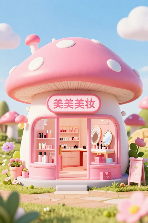 英式田园粉红蘑菇美妆店:3D梦幻微缩景观