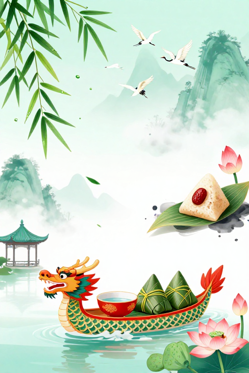 水墨晕染端午国风插画：粽香龙舟庆佳节