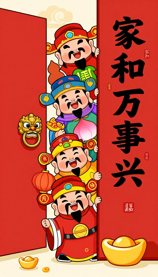 五路财神Q版国风插画：家和万事兴的吉祥祝福