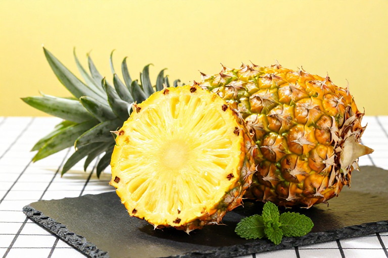 金黄菠萝切面特写:多汁诱人,清新点缀