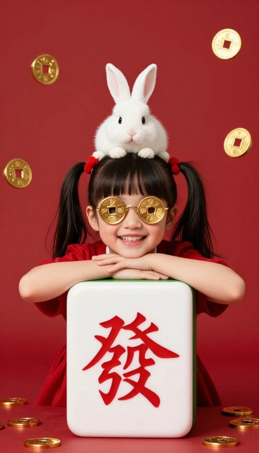 财运萌趣:红包麻将兔的喜庆财富插画