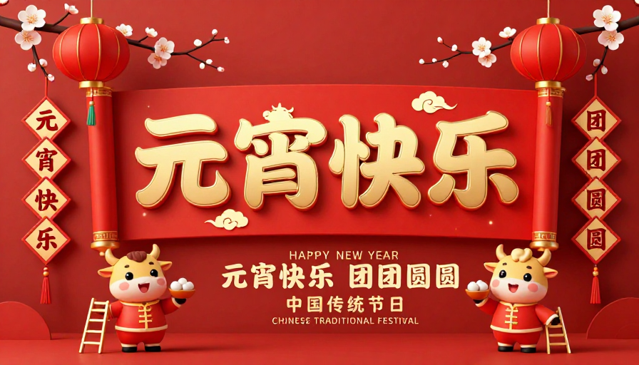 红色中国风元宵佳节海报：金色浮雕与生肖牛祝福