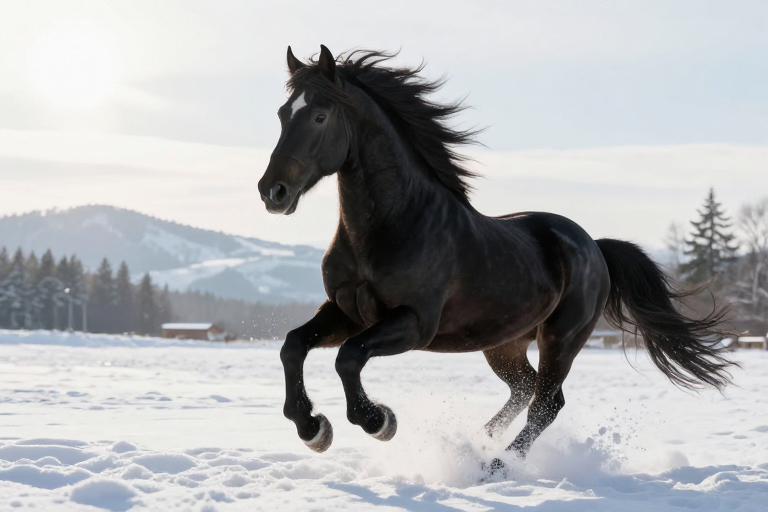 雪地疾驰的黑马：动感逆光摄影大片