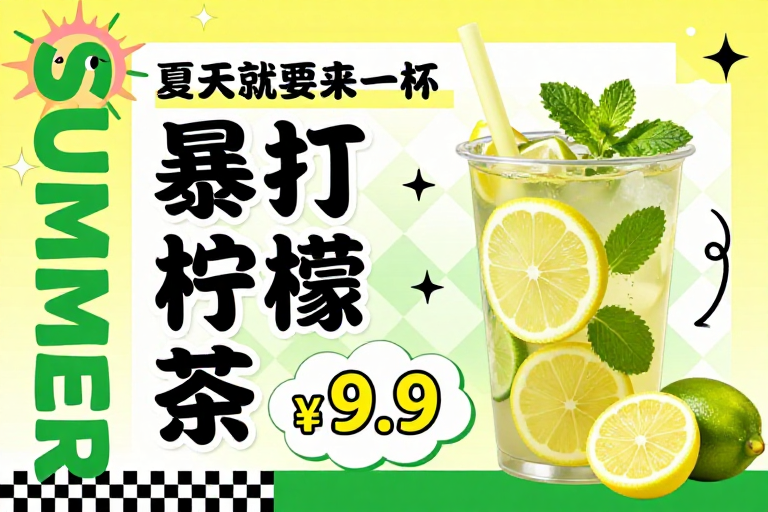 夏日清爽暴打柠檬茶促销海报