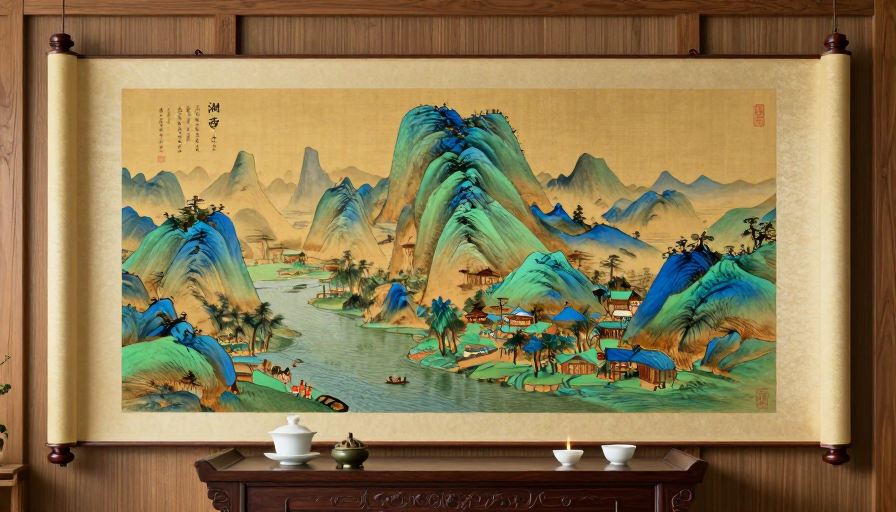 青绿山水卷轴：古典意境与雅致室内展示