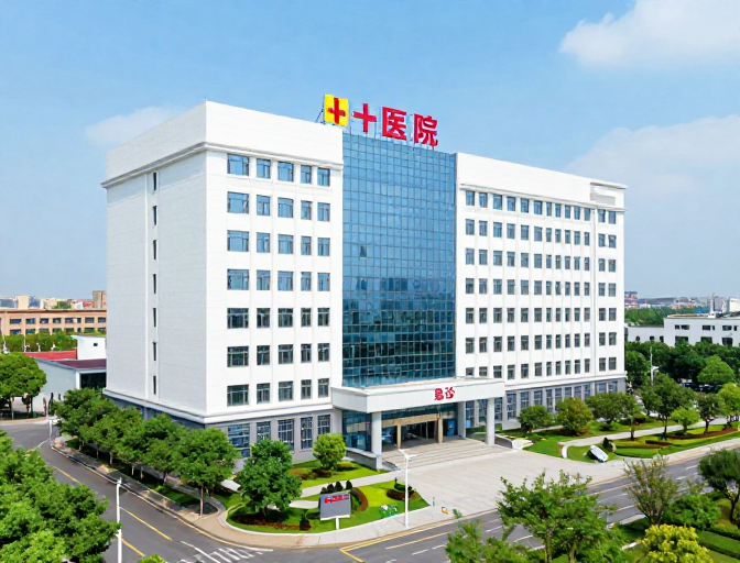 现代白色医院建筑俯拍图,清新蓝白绿色调光影
