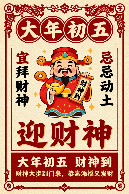 复古中国风春节财神海报，喜庆吉祥迎财神