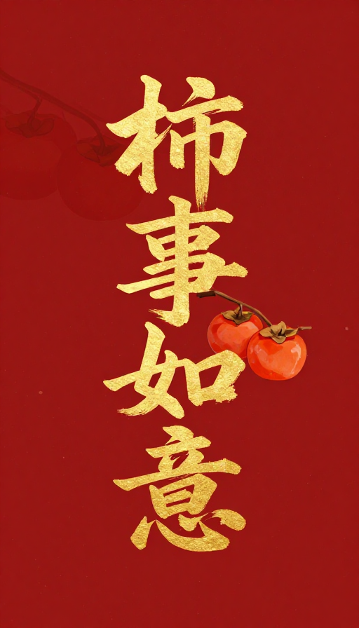 金箔‘柿事如意’毛笔字红色极简插画