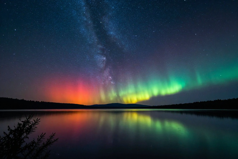 静谧夜空:繁星与极光下的深蓝湖泊