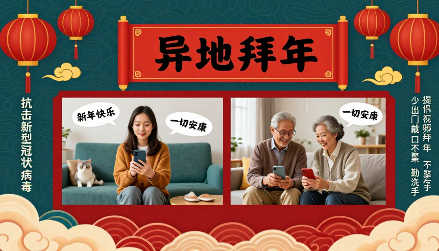 中国风新年公益海报：异地拜年与防疫宣传