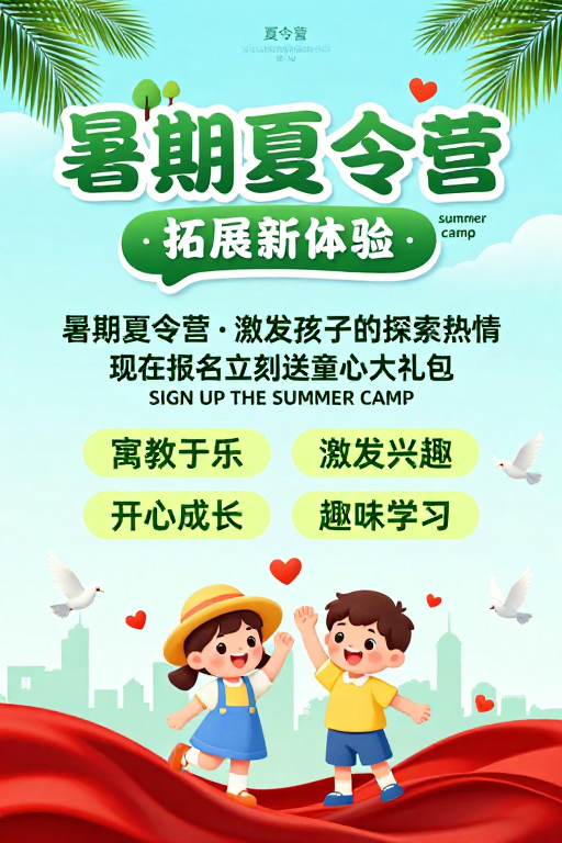 清新童趣：活力暑期夏令营海报