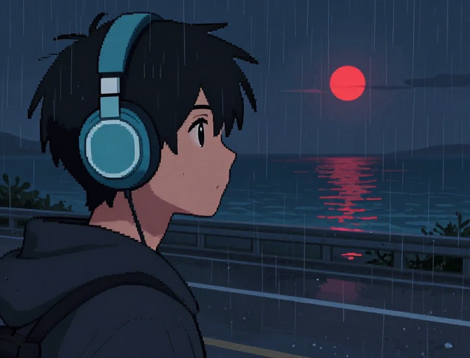 像素雨夜:孤独少年守望红月