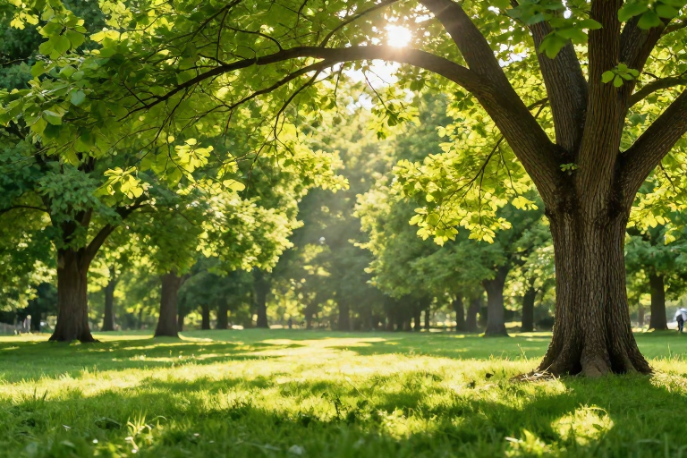 阳光穿透林间:清新绿意光影摄影