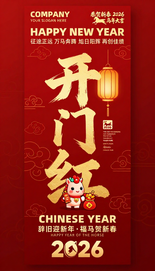 2026马年开门红：金色祥云红底新春海报