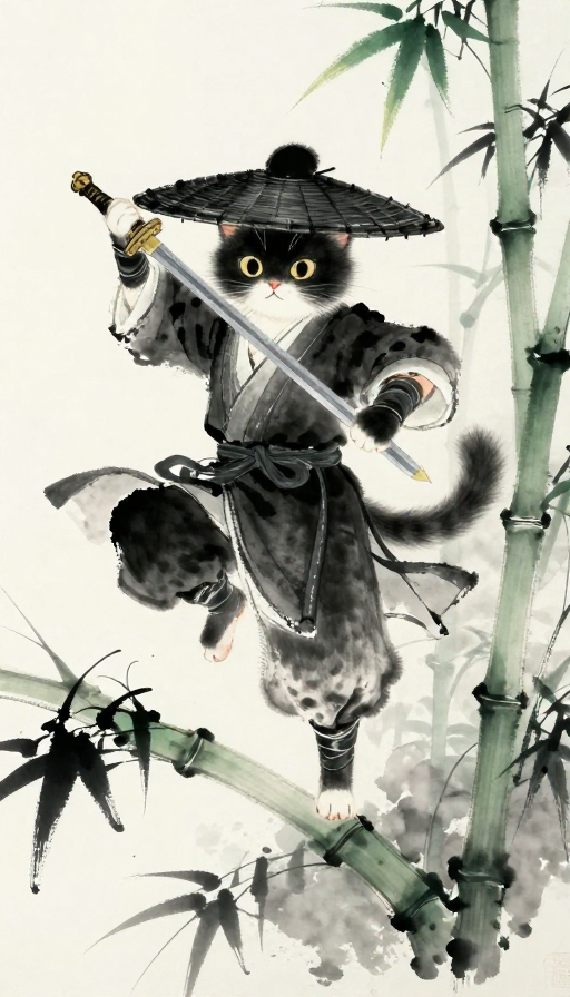 墨韵竹影·拟人猫侠士的古风轻功画卷