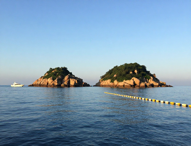 静谧海屿晨光：绿植岩岛与自然游艇