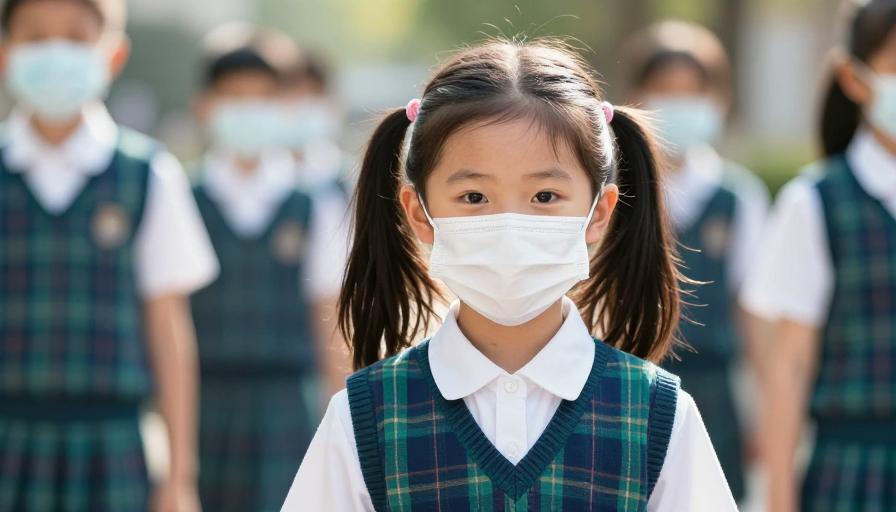 校园防疫:亚洲女童戴口罩的正面特写