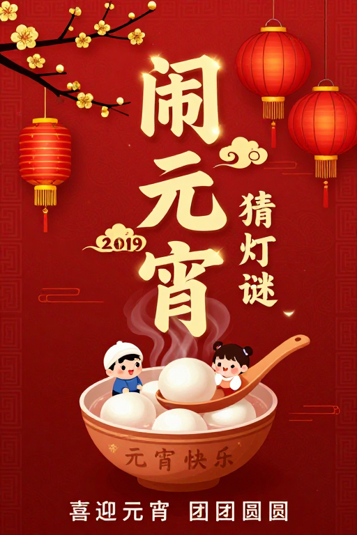 金红中国风闹元宵海报,团圆欢乐氛围浓厚