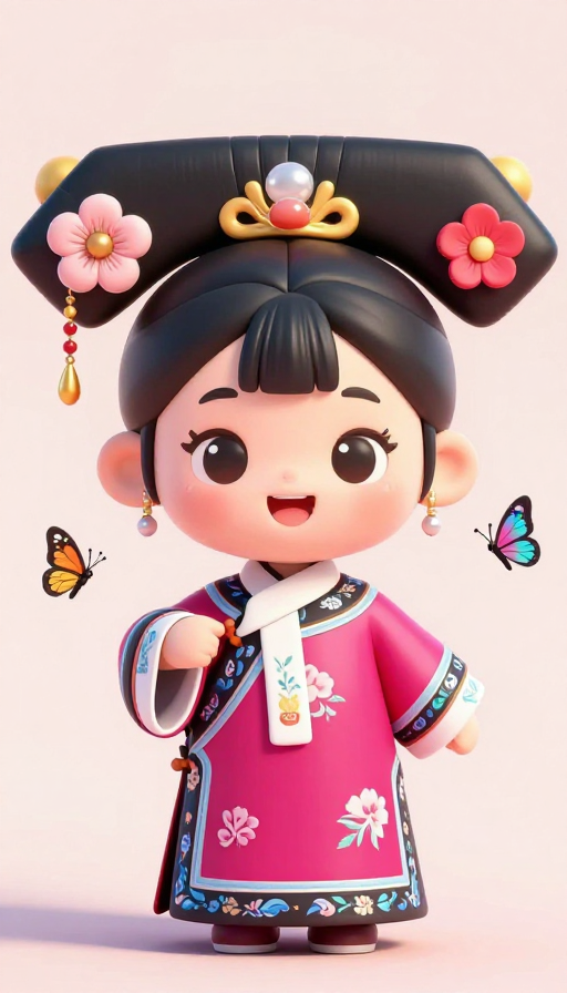 萌趣格格：3D卡通玫红旗装嬉蝶高清肖像