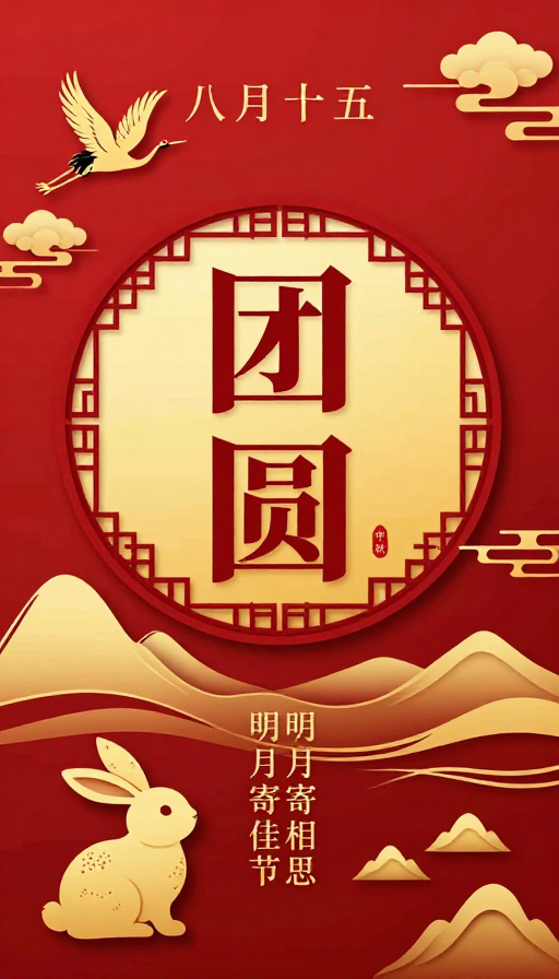 中国风中秋团圆海报:红金喜庆氛围