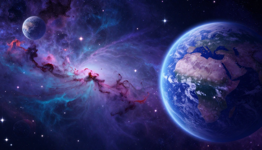 紫蓝星云环绕地球：科幻宇宙的深邃意境