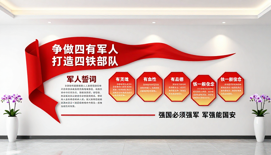 现代军人文化墙设计：红色飘带彰显四有精神与铁一般信念