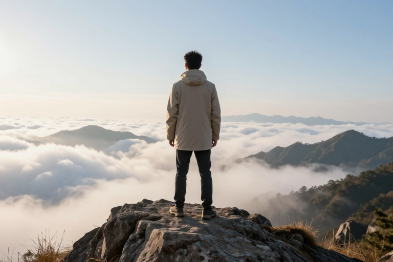 晨雾之巅：男子静观云海，自然治愈心灵的瞬间