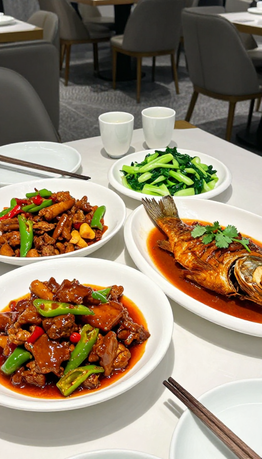 暖色中式餐桌:红烧鱼与白酒的温馨聚餐