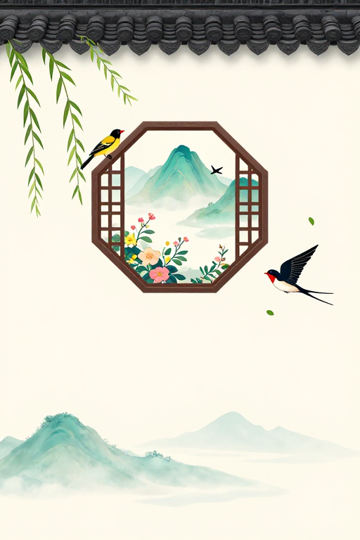 中国风青绿山水窗景插画,意境悠远