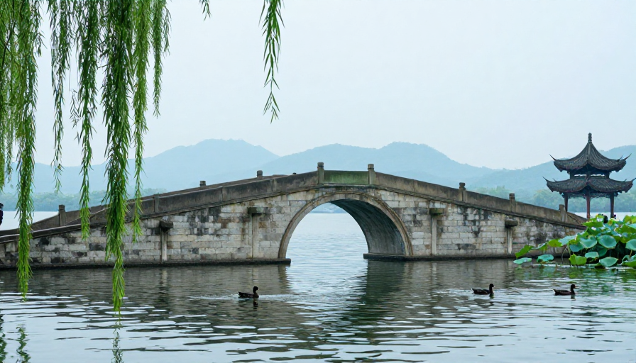 古韵石桥映碧湖:静谧中式风景摄影