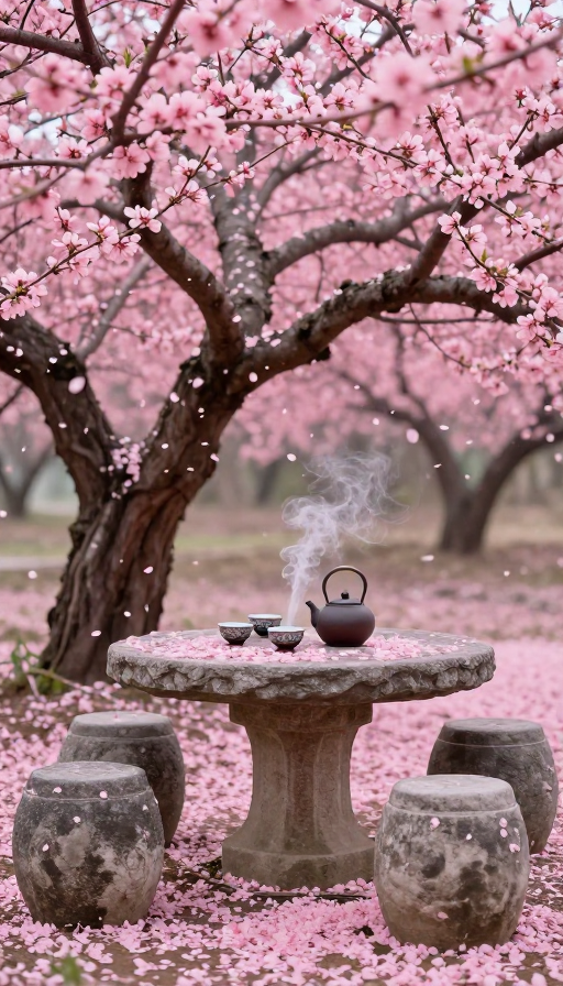 古韵桃林春景：粉霞石桌静候客