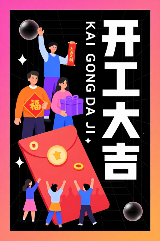 霓虹黑底开工大吉插画海报