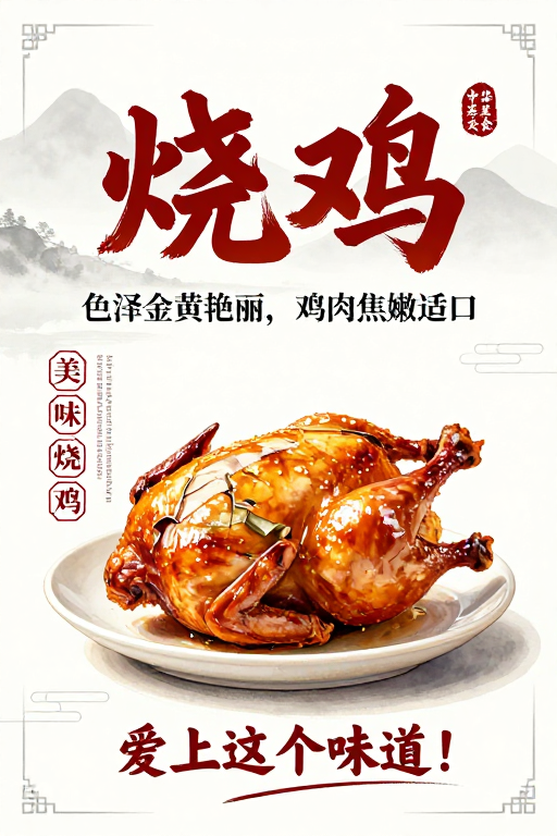 水墨风中式烧鸡海报，尽显中华美食文化韵味