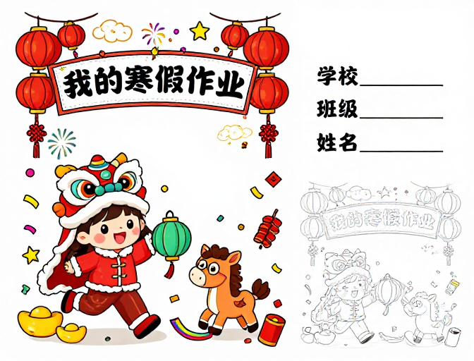 春节童趣寒假作业手绘封面设计