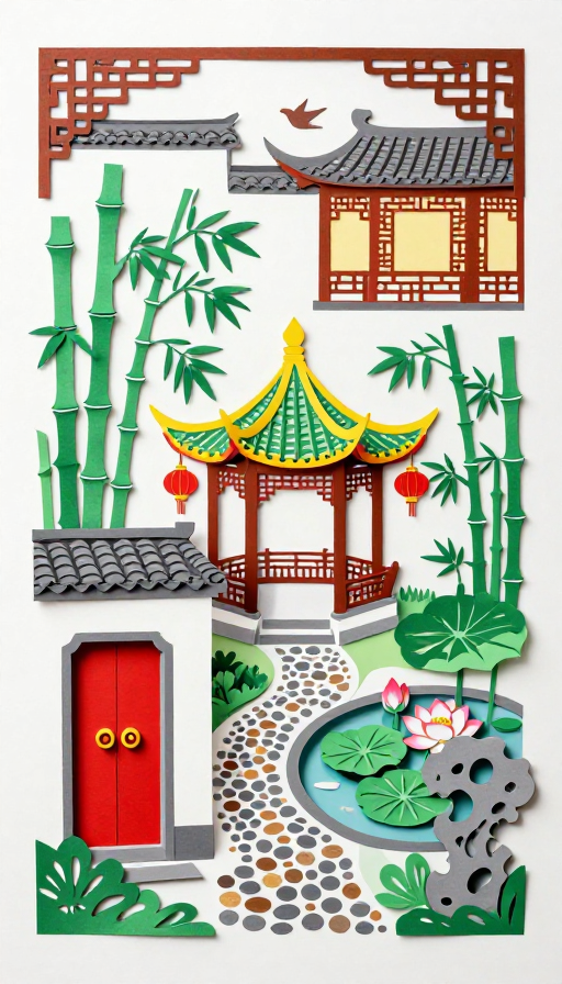 国风园林剪纸拼贴:精致典雅的中国传统美学