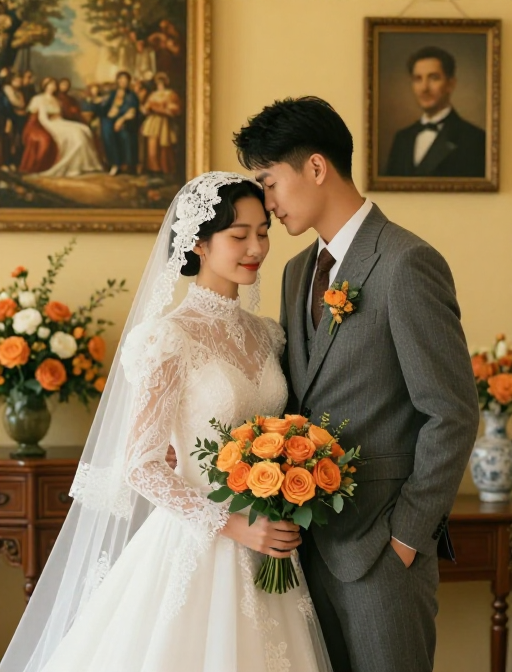 白纱新郎新娘深情相拥,古典暖光渲染温馨婚礼