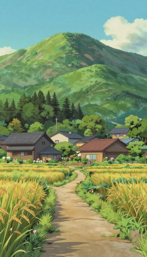 宫崎骏风朝霞稻田：静谧田园风光与小屋