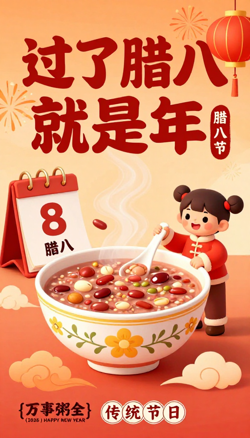 腊八节国潮插画海报：暖色喜庆年味