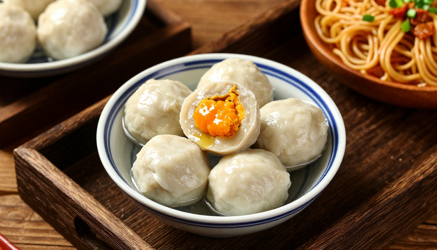 暖棕光影中的蟹黄鱼丸:中式美食摄影